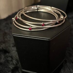 Set of Five. Elegant Silver and Red Bangle Set.